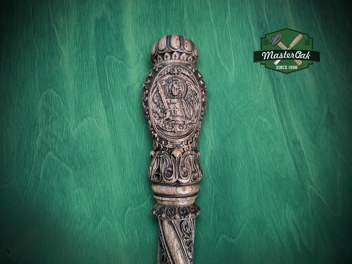 Carved Wood Cane with Archangel Michael – Christian Walking Staff Decor, Painted, religion stick