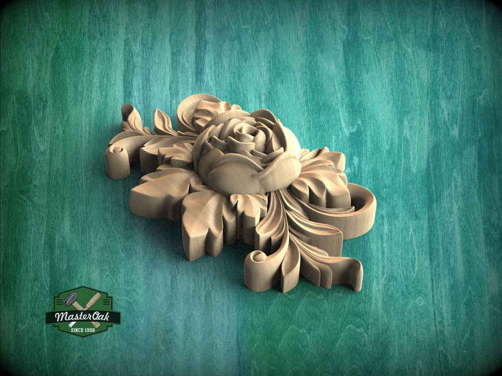 A wooden carving of a flower with intricate details is displayed against a green background.