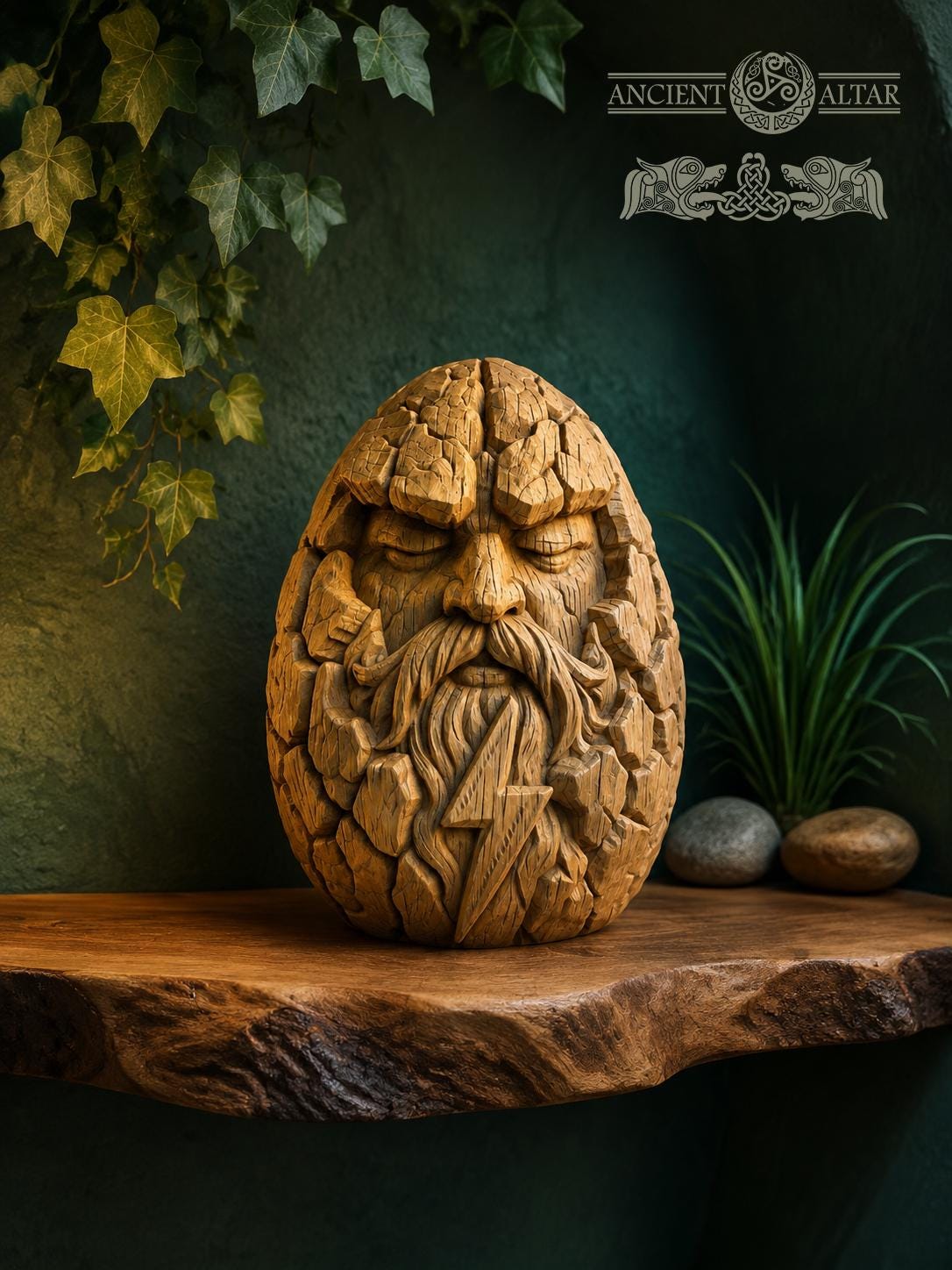 Thunder Heart Wooden Figurine, Oak Norse God Statue, Viking Thunder Guardian, Small Pagan Altar Decor