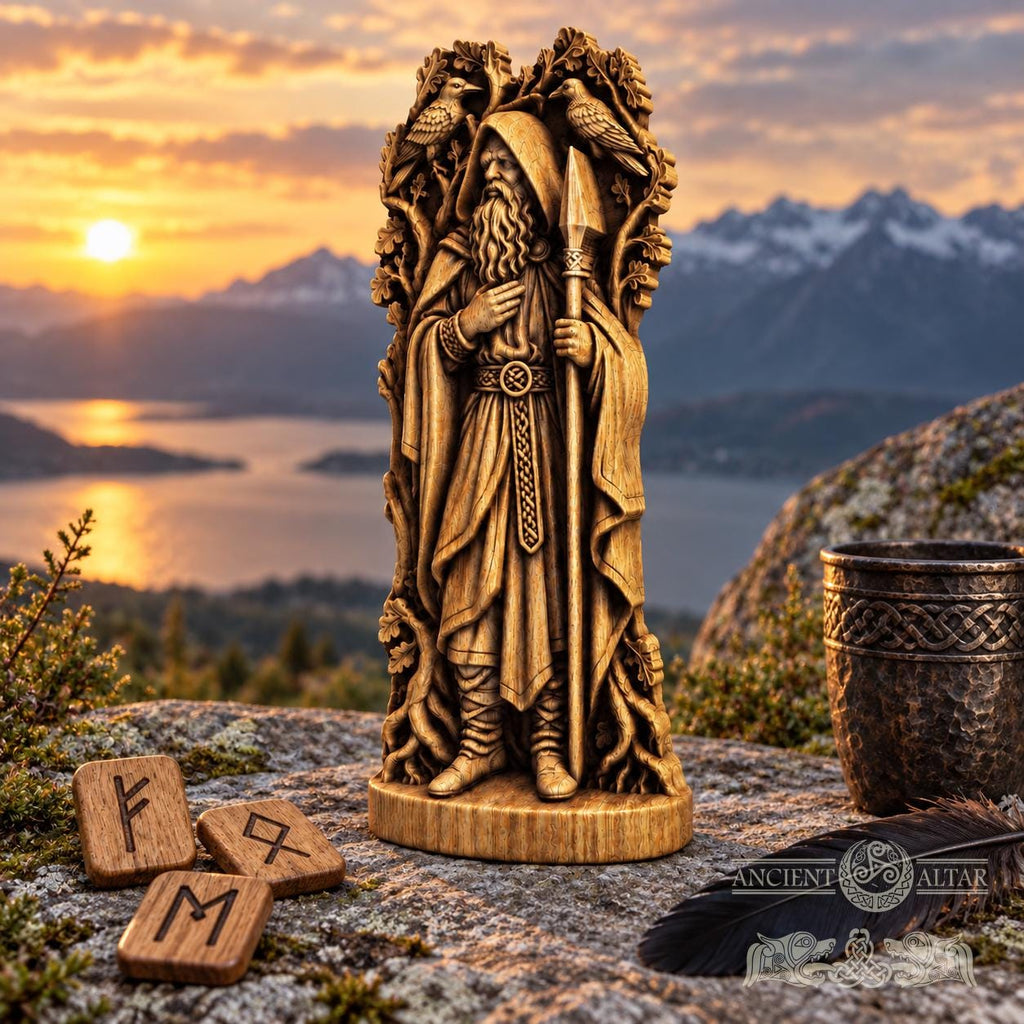 Hooded Odin Wooden Statue with Ravens, Norse Wanderer Figurine, Wotan Viking Sculpture, Pagan Altar Decor, Gungnir Gift