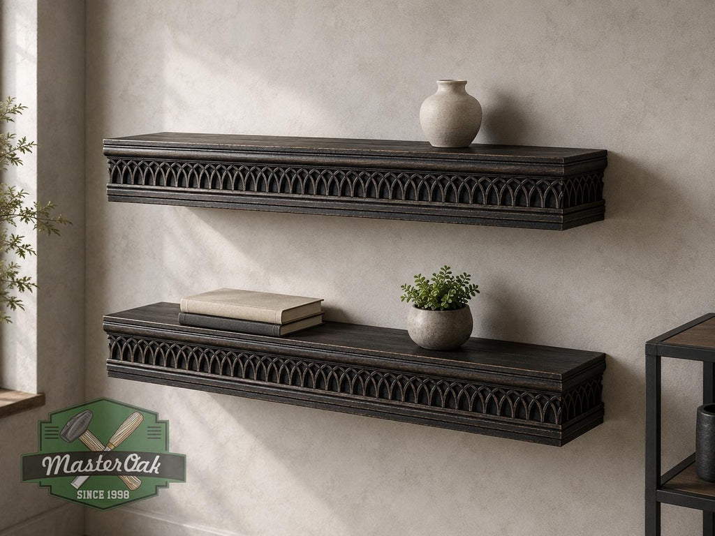 Carved Solid Oak Wall Shelf with Gothic Arch Pattern, Floating Display Shelf, Medieval and Dark Academia Home Decor