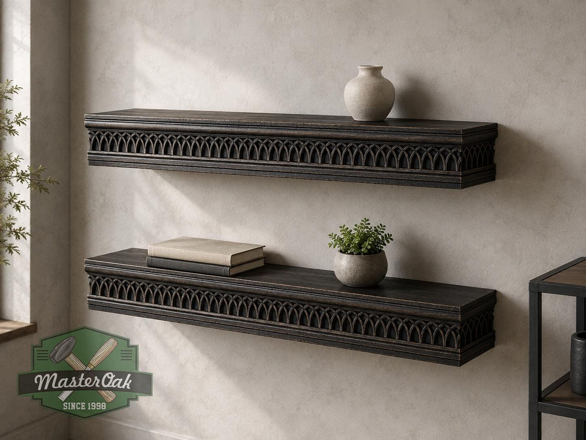 Carved Solid Oak Wall Shelf with Gothic Arch Pattern, Floating Display Shelf, Medieval and Dark Academia Home Decor