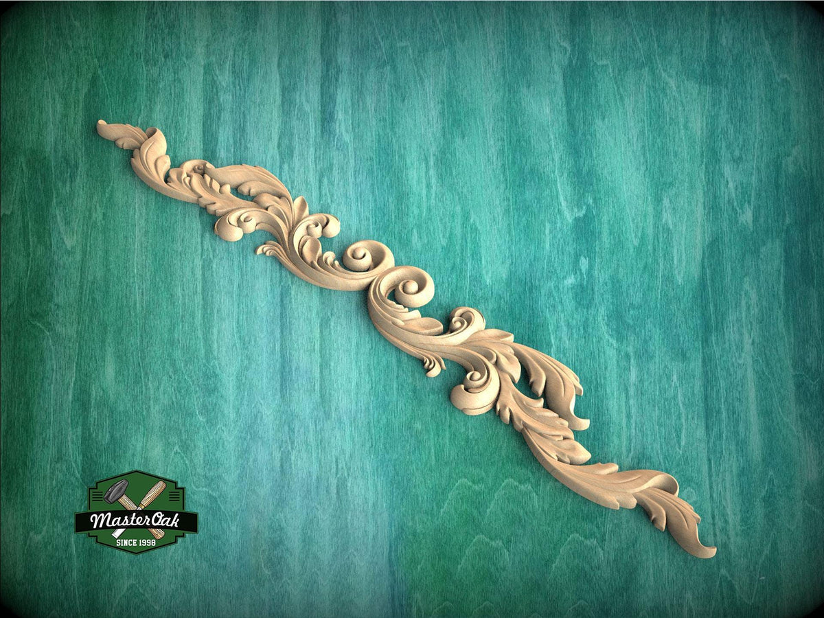 A decorative wooden carving in the shape of a scroll or scrollwork is displayed against a green textured background.