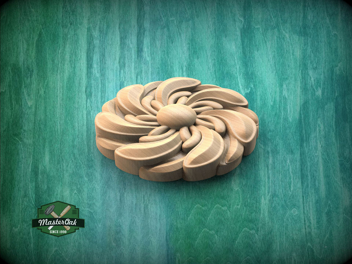 A wooden flower-shaped object is displayed against a green background.