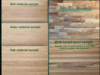 The image is a comparison of different types of wood samples, including an ash material sample, a finger-jointed sample, and a multi-toned wood sample.