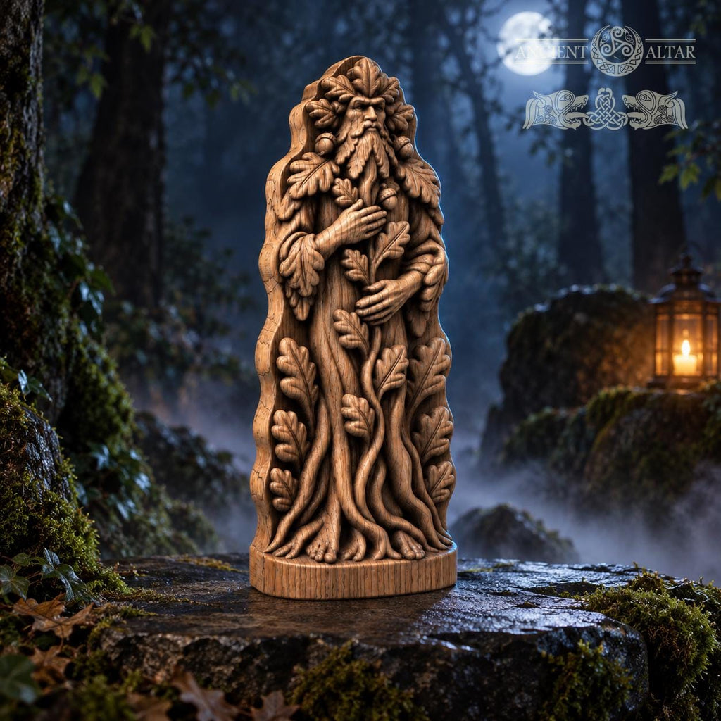 Green Man Tree Guardian Statue, Oak Wood Woodland Spirit, Leaf Crown and Root Sculpture, Pagan Altar Decor, Forest Lover Gift