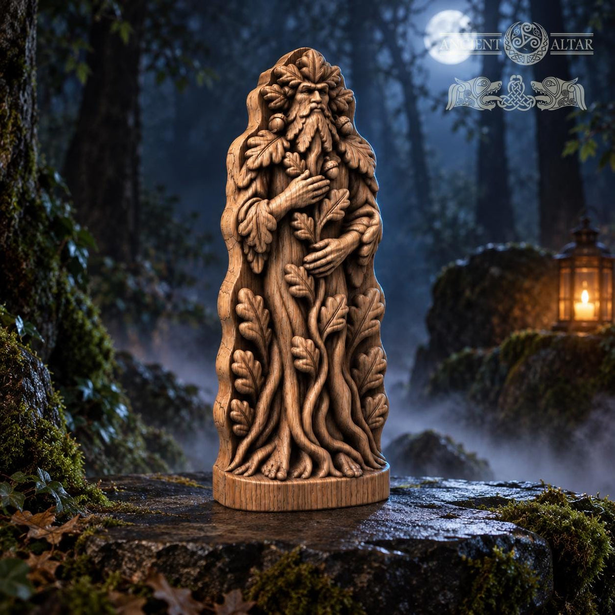 Green Man Tree Guardian Statue, Oak Wood Woodland Spirit, Leaf Crown and Root Sculpture, Pagan Altar Decor, Forest Lover Gift