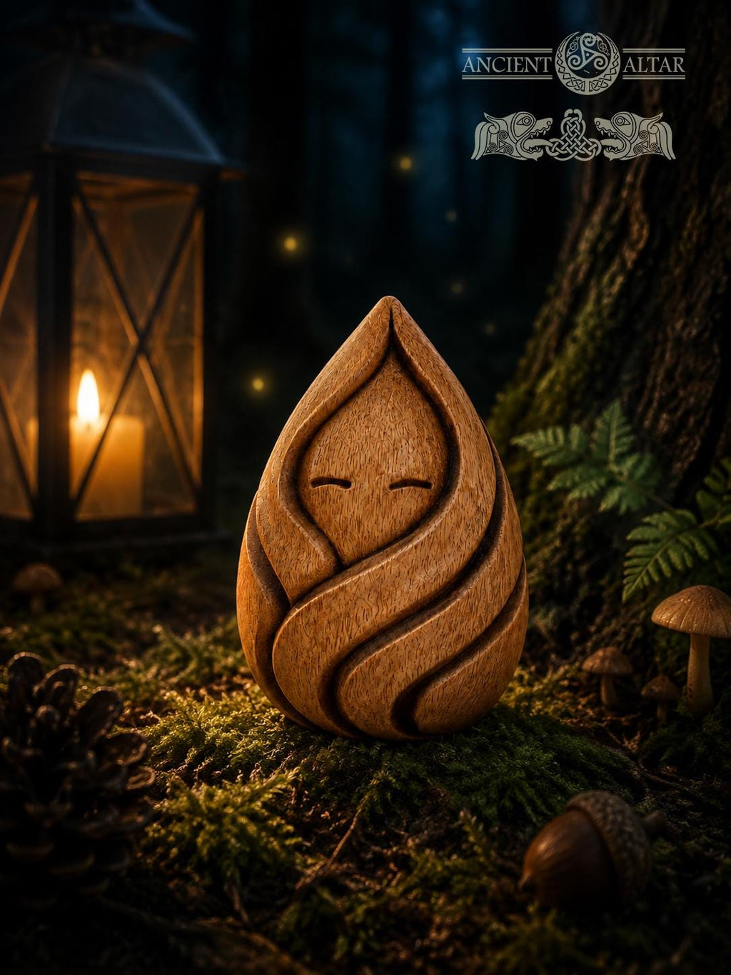 Forest Flame Spirit Figurine, Carved Oak Fire Guardian, Woodland Spirit Statue, Cozy Hearth Decor, Fantasy Nature Gift