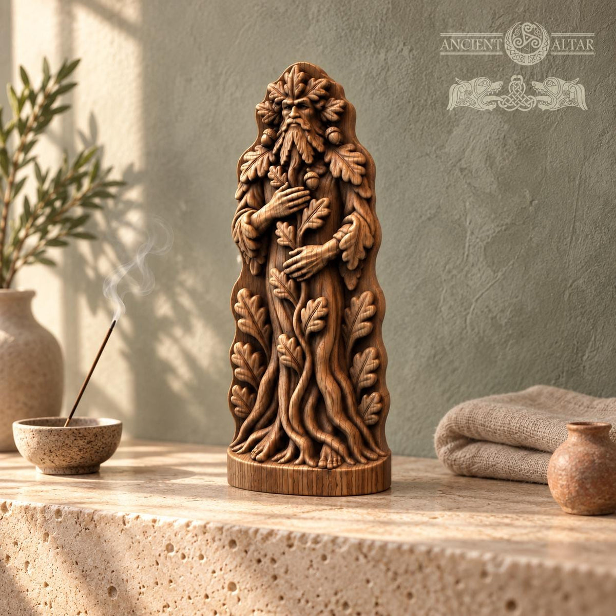 Green Man Tree Guardian Statue, Oak Wood Woodland Spirit, Leaf Crown and Root Sculpture, Pagan Altar Decor, Forest Lover Gift