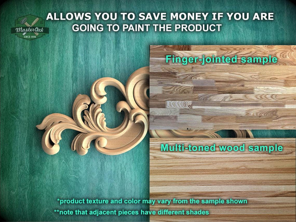The image is a comparison of two different types of wood samples, one being a finger-jointed sample and the other being a multi-toned wood sample. The finger-jointed sample is a decorative wooden piece, while the multi-toned wood sample is a plain wooden plank. The text in the image provides information about the samples, stating that they allow you to save money if you are going to paint the product, and that the product texture and color may vary from the sample shown.