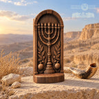 Menorah Oak Wood Sculpture, Seven Branch Menorah with Olive Branches and Pomegranates, Judaica Decor, Jewish Housewarming Gift