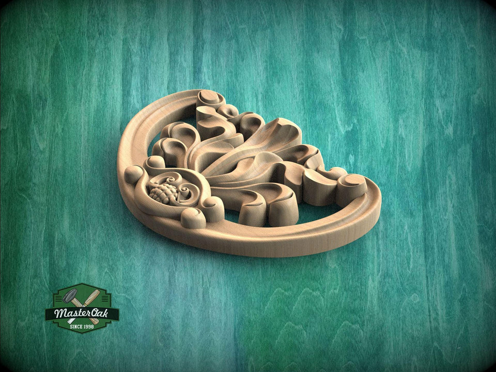 A wooden carving with intricate floral and leaf-like designs is displayed against a green background.