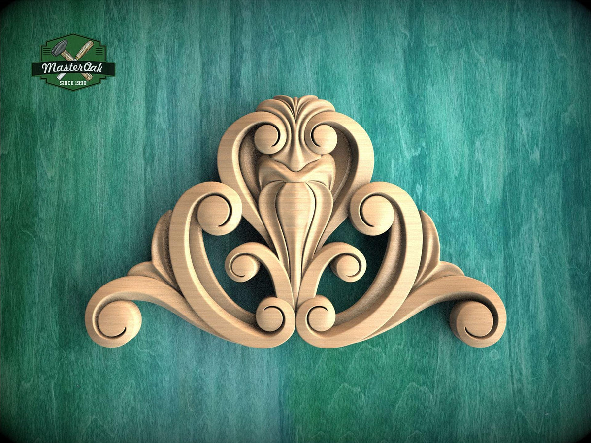 A decorative wooden carving with an intricate, swirling design is displayed against a green background.