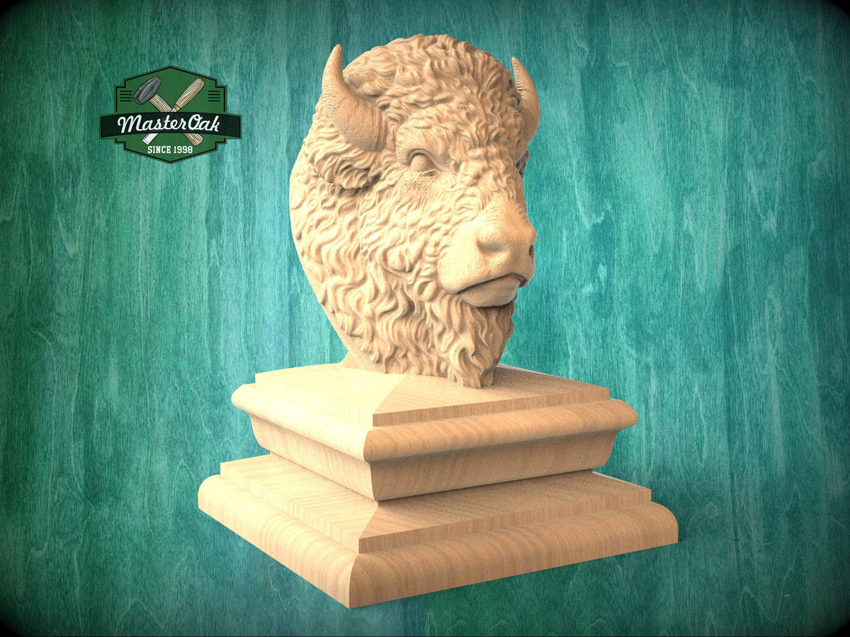 Carved Bison Newel Finial – Wooden Buffalo Head for Bed Post or Stair Post