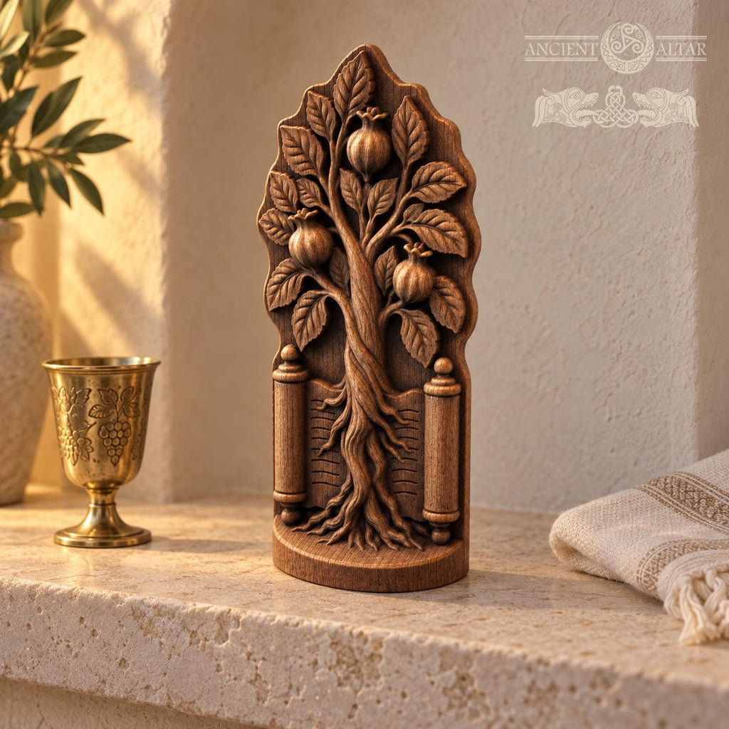 Pomegranate Tree with Torah Scroll, Solid Oak Judaica Sculpture, Tree of Life Decor, Jewish Wedding and Housewarming Gift