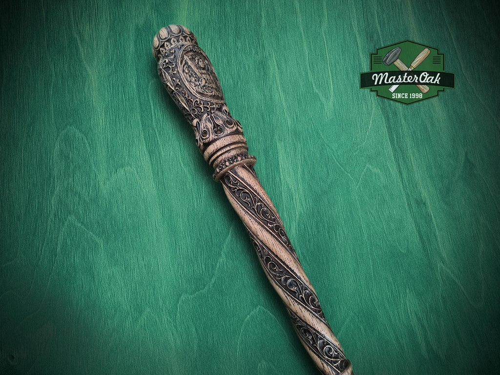 Carved Wood Cane with Archangel Michael – Christian Walking Staff Decor, Painted, religion stick