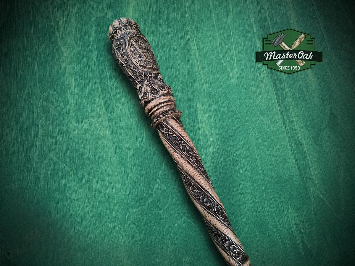 Carved Wood Cane with Archangel Michael – Christian Walking Staff Decor, Painted, religion stick