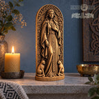 May include: A tall, arched wooden sculpture featuring a central female figure in a long gown with braided hair, flanked by two cats at her feet. The piece is intricately carved with decorative borders and includes the text ANCIENT ALTAR at the top.