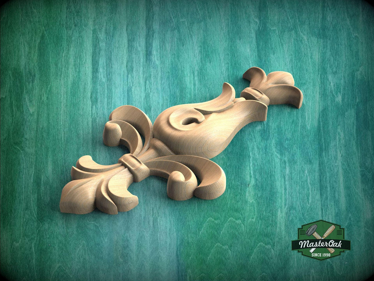 A wooden ornamental piece with a curved, floral-like design is displayed against a green background.