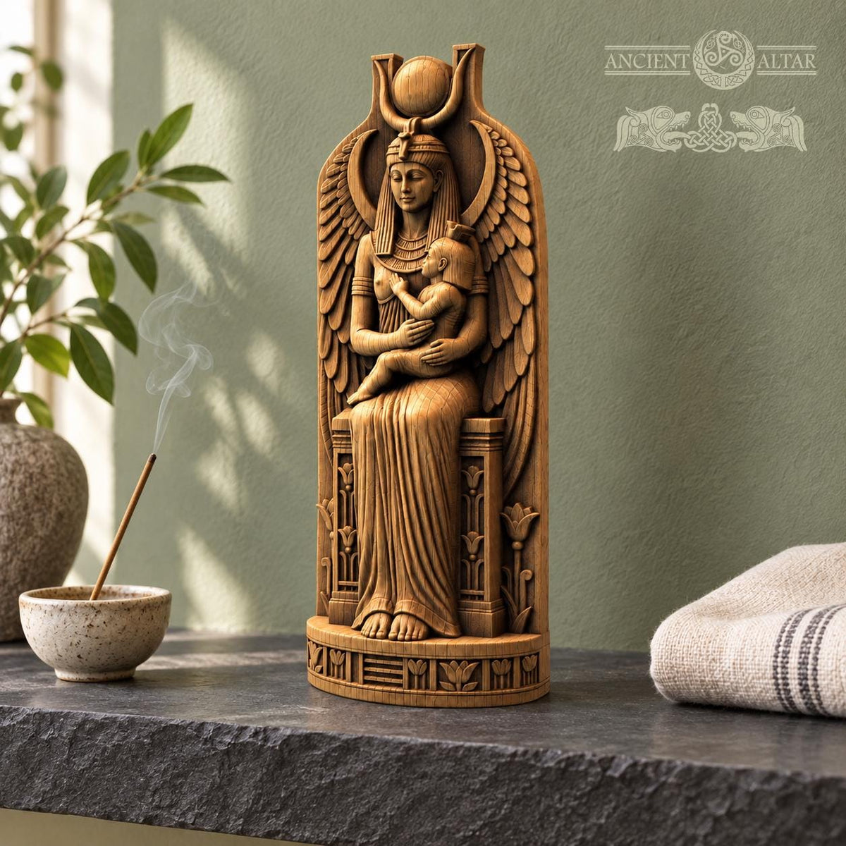 Isis and Horus Figurine, Egyptian Mother and Child Statue, Oak Wood Altar Decor, Seated Goddess Sculpture, Kemetic Gift