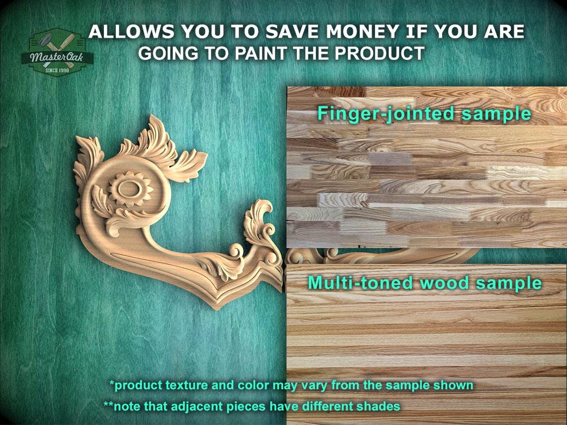 The image is a promotional advertisement for Master Oak, a company that specializes in painting wooden products. It features a close-up of a wooden sample with a decorative design, along with a sample of multi-toned wood. The text on the image provides information about the product, including the cost of painting the product and the potential savings for customers.