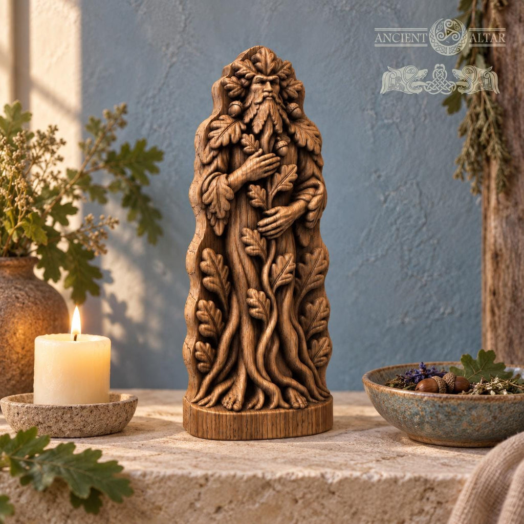 Green Man Tree Guardian Statue, Oak Wood Woodland Spirit, Leaf Crown and Root Sculpture, Pagan Altar Decor, Forest Lover Gift