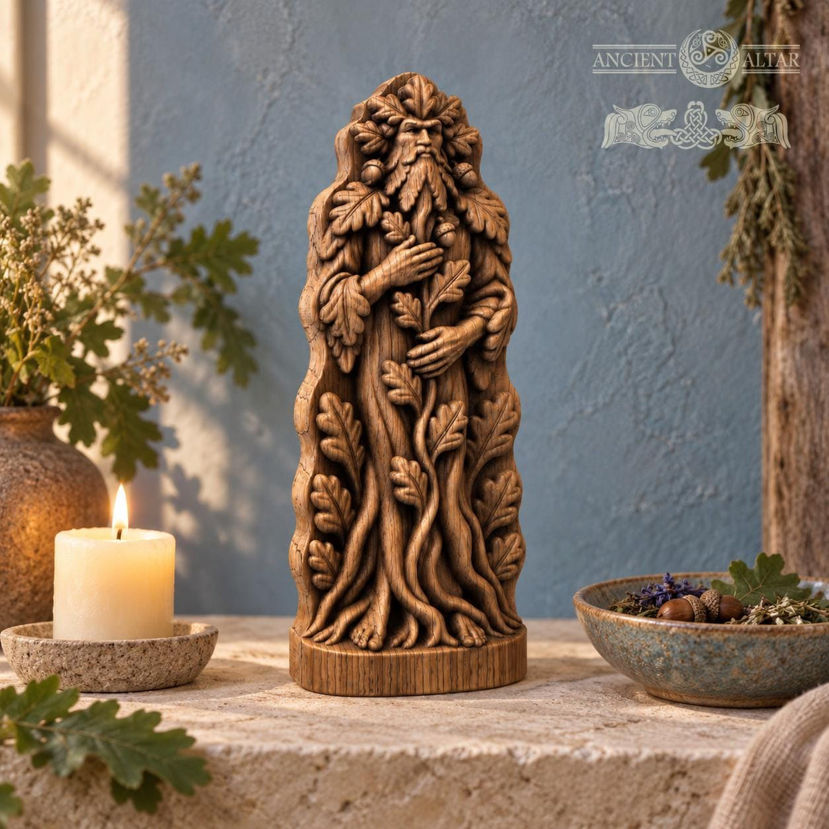 Green Man Tree Guardian Statue, Oak Wood Woodland Spirit, Leaf Crown and Root Sculpture, Pagan Altar Decor, Forest Lover Gift