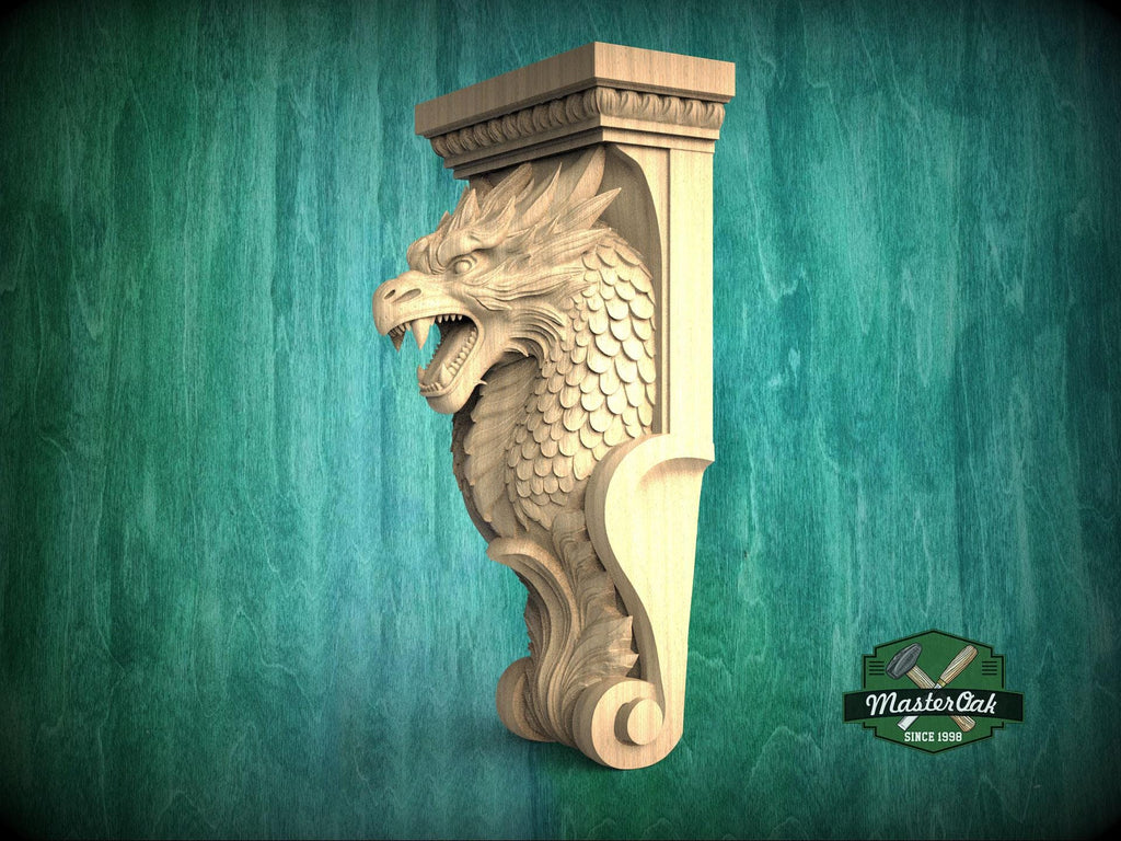 A carved wooden dragon head with a crest and a carved scroll design, mounted on a wooden post against a green background.