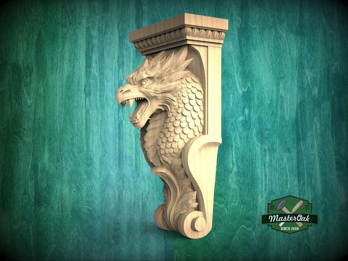 A carved wooden dragon head with a crest and a carved scroll design, mounted on a wooden post against a green background.
