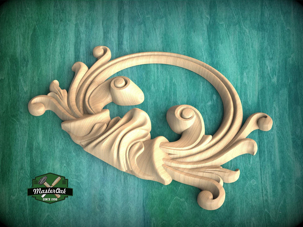 Rococo Natural Wood Onlay with Circular Motif - Central Scroll and Circle Decor, 1 pc, Unpainted, Home Wall Embellishments, wooden trims