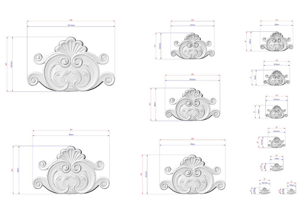 various sizes of ornate, decorative elements, such as a floral design, a scrollwork, and a shell-like motif. The elements are depicted in a detailed, intricate manner, showcasing the craftsmanship and artistry involved in their creation.