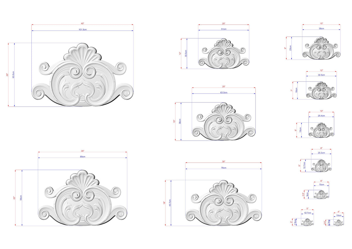 various sizes of ornate, decorative elements, such as a floral design, a scrollwork, and a shell-like motif. The elements are depicted in a detailed, intricate manner, showcasing the craftsmanship and artistry involved in their creation.