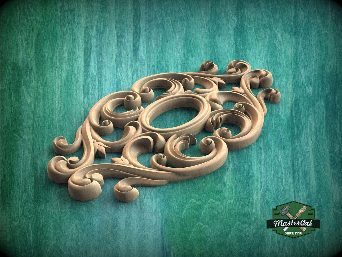 A wooden carving with intricate scrollwork and floral patterns is displayed against a teal background.