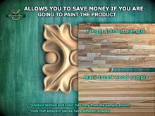 Load image into Gallery viewer, The image is a promotional advertisement for Master Oak, a company that specializes in painting wooden products. It features a close-up of a wooden sample with a finger-jointed design and a multi-toned wood sample, along with text that provides information about the products.
