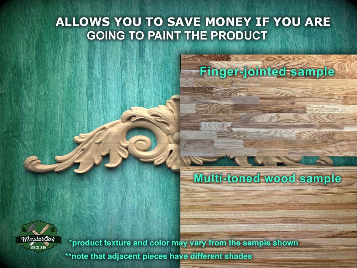 The image is a promotional advertisement for a product, specifically a multi-toned wood sample. It features a close-up of a wooden panel with a decorative element, and a finger-jointed sample of the same wood. The text on the image provides information about the product, including that it allows you to save money if you are going to paint the product, and that the product texture and color may vary from the sample shown. The image also mentions that adjacent pieces have different shades.