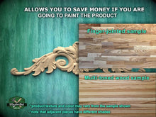 Load image into Gallery viewer, The image is a promotional advertisement for a product, specifically a multi-toned wood sample. It features a close-up of a wooden panel with a decorative element, and a finger-jointed sample of the same wood. The text on the image provides information about the product, including that it allows you to save money if you are going to paint the product, and that the product texture and color may vary from the sample shown. The image also mentions that adjacent pieces have different shades.
