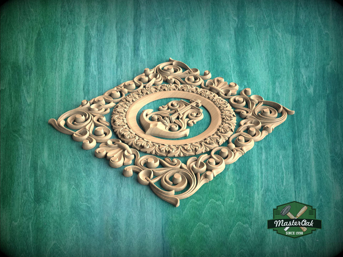 an ornate, carved wooden design with intricate scrollwork and floral patterns, set against a teal background.