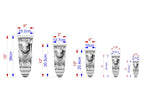 a series of five identical sculptures, each with a unique size and shape, arranged in a row. The sculptures are depicted in a black and white color scheme, and the image provides measurements for each sculpture in centimeters.