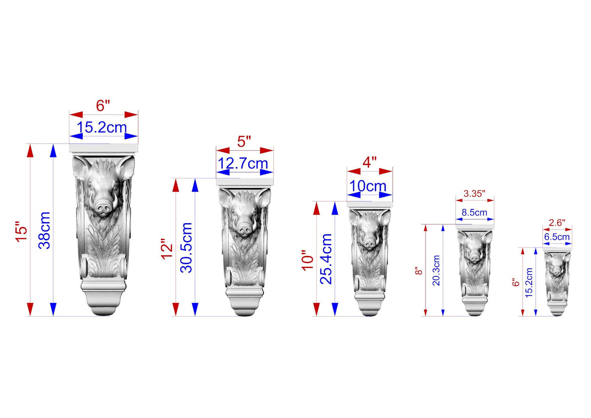 a series of five identical sculptures, each with a unique size and shape, arranged in a row. The sculptures are depicted in a black and white color scheme, and the image provides measurements for each sculpture in centimeters.