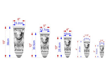 Load image into Gallery viewer, a series of five identical sculptures, each with a unique size and shape, arranged in a row. The sculptures are depicted in a black and white color scheme, and the image provides measurements for each sculpture in centimeters.
