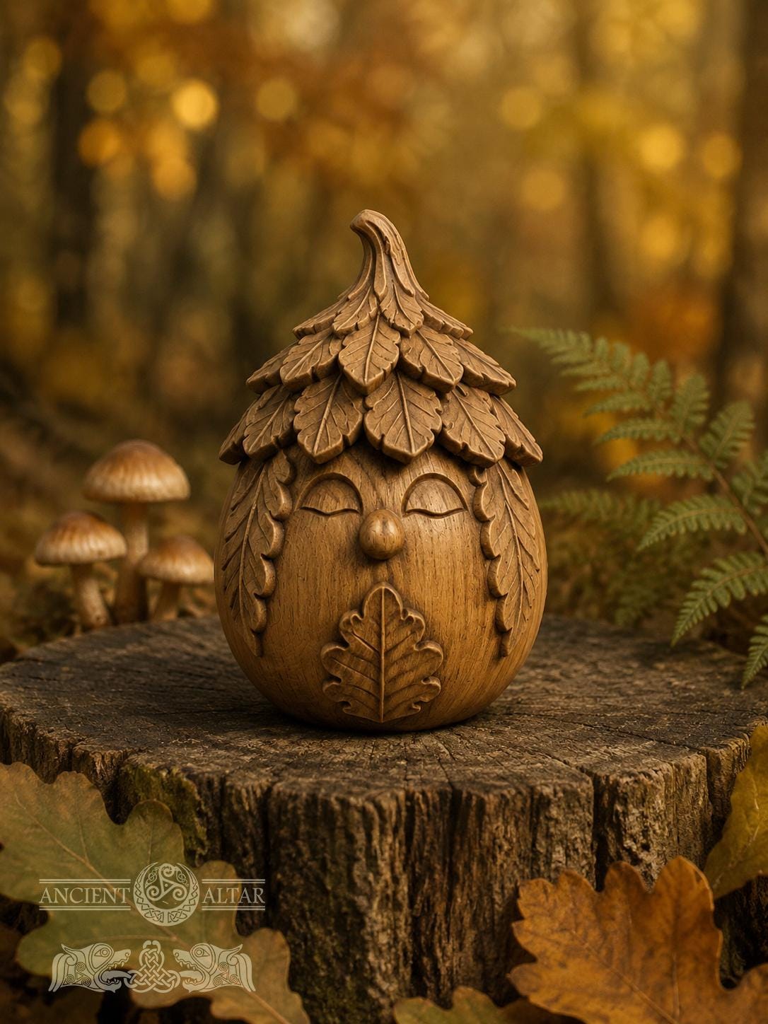 Oak Spirit Figurine, Carved Oak Forest Guardian, Wooden Oak Leaf Decor, Cottagecore Gift, Woodland Nature Statue