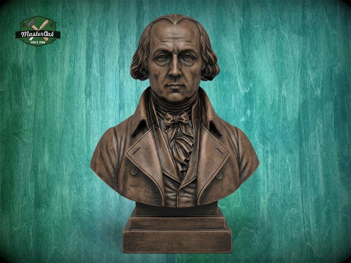 James Madison Bust, Hand-Finished Wood Sculpture | Presidential History Decor