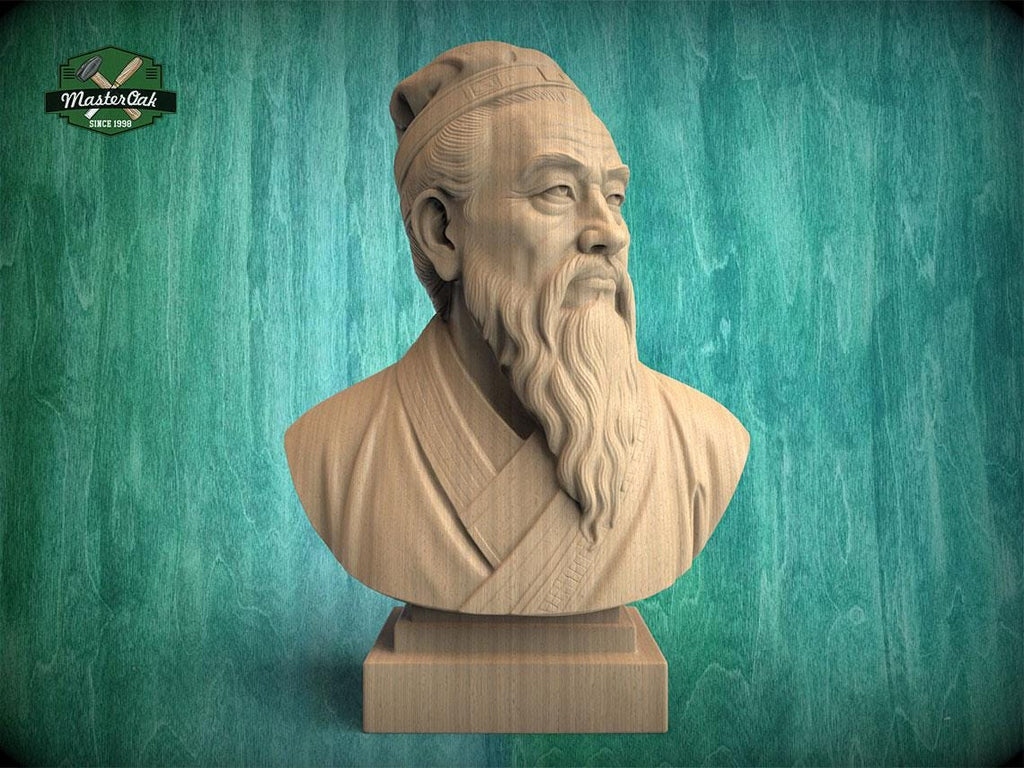 Confucius Bust | Carved & Hand-Finished Wood Statue | Chinese Philosophy Decor