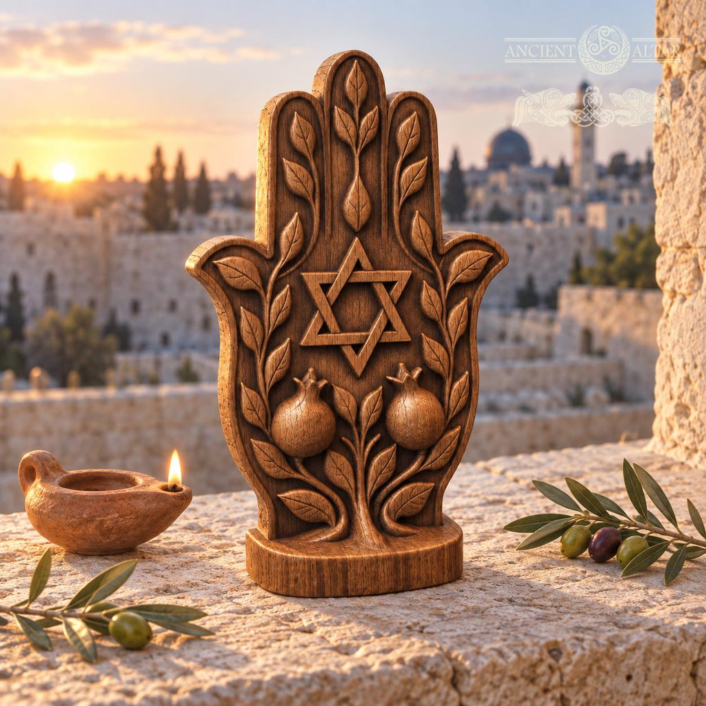 Hamsa Hand with Star of David, Solid Oak Sculpture with Pomegranates, Jewish Home Decor, Judaica Wedding and Housewarming Gift