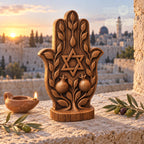 Hamsa Hand with Star of David, Solid Oak Sculpture with Pomegranates, Jewish Home Decor, Judaica Wedding and Housewarming Gift