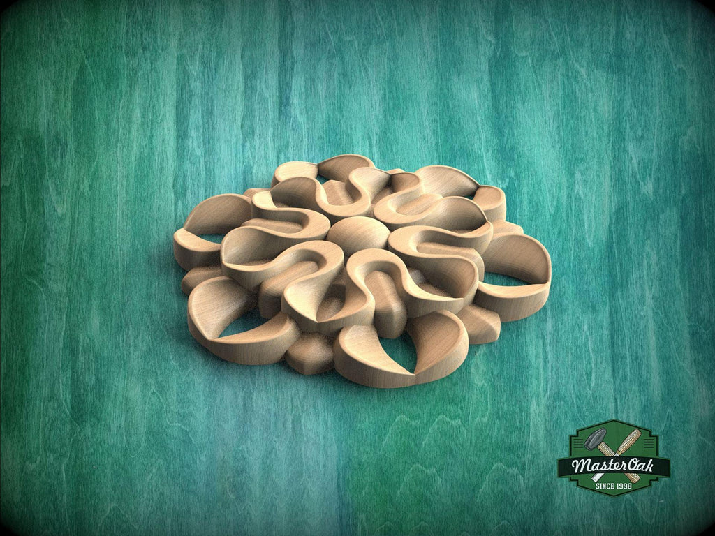 A 3D rendering of a wooden flower-like object with intricate, organic shapes and curves, set against a green background.