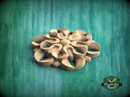 A 3D rendering of a wooden flower-like object with intricate, organic shapes and curves, set against a green background.
