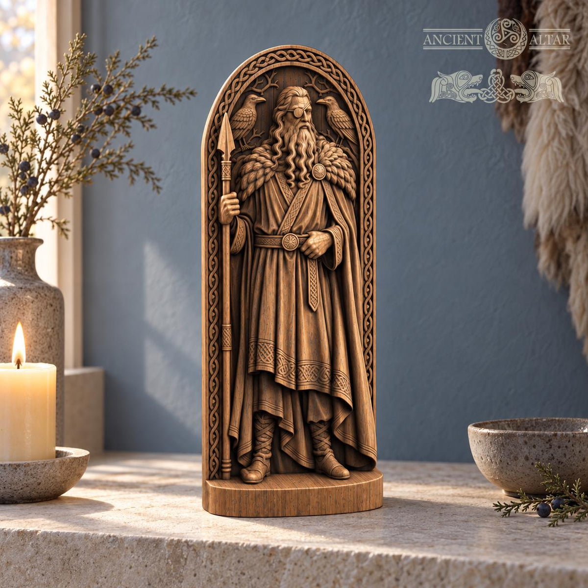 Odin Statue with Huginn and Muninn, Wooden Norse God Figurine, Viking Pagan Altar Decor, Gungnir Spear Sculpture, Nordic Gift