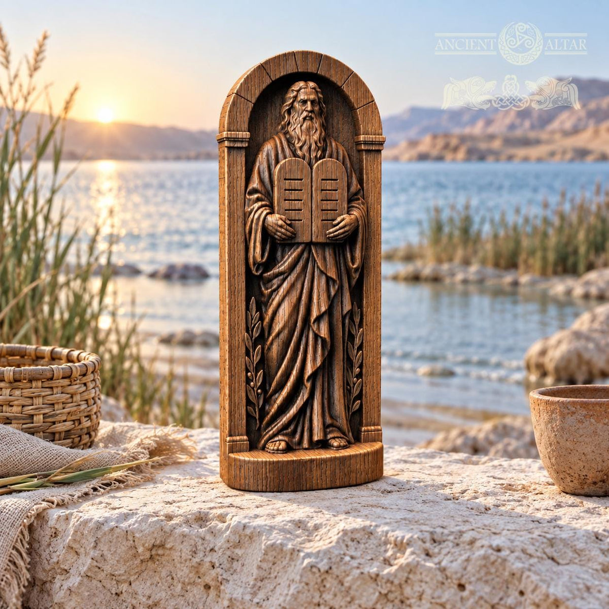 Moses with Ten Commandments Statue, Solid Oak Biblical Sculpture, Tablets of the Law, Judaica Home Decor, Religious Gift