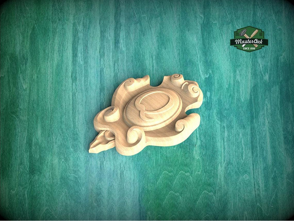 Personalized Noble Emblem: Ornate Wooden Cartouche Onlay, Unpainted, 1pc, Home Wall Embellishments, Furniture Carving